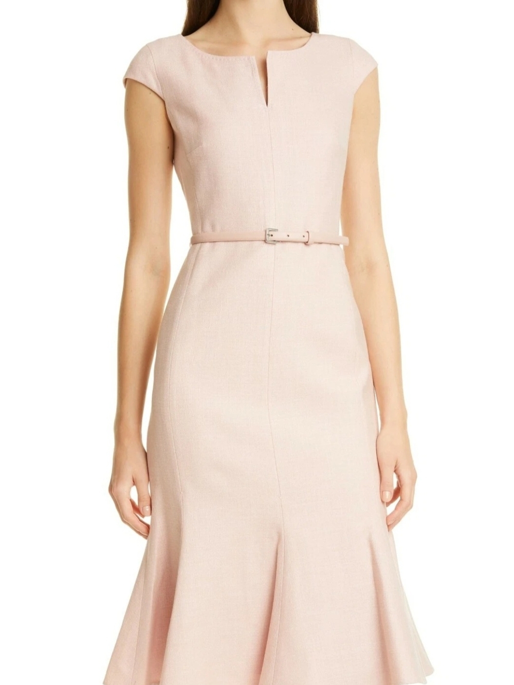 MAX MARA Pink Belted 100% Virgin Wool Flounce Hem Midi Dress, NWT